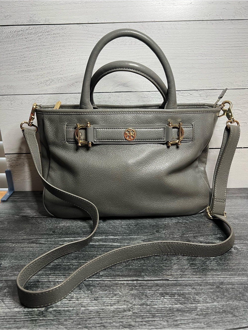 Tory Burch Gray Pebbled Leather Tote with Gold Horsebit Hardware